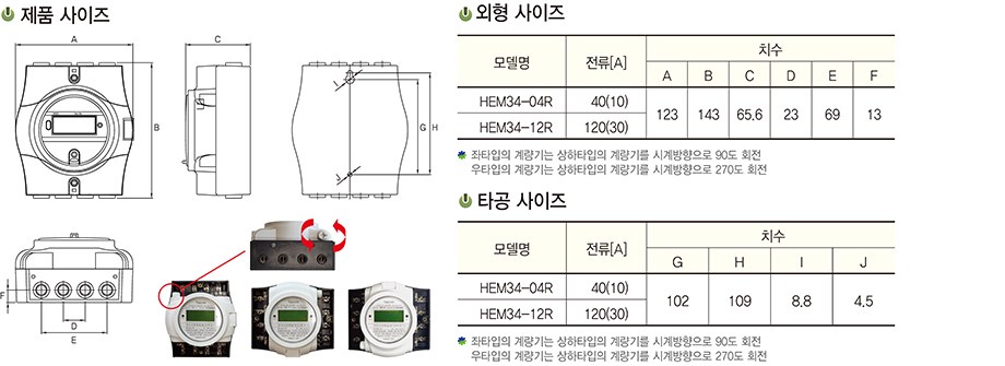 제품 · 외형 · 타공 사이즈 — 좌타입은 상하타입을 시계방향 90도, 우타입은 시계방향 270도 회전